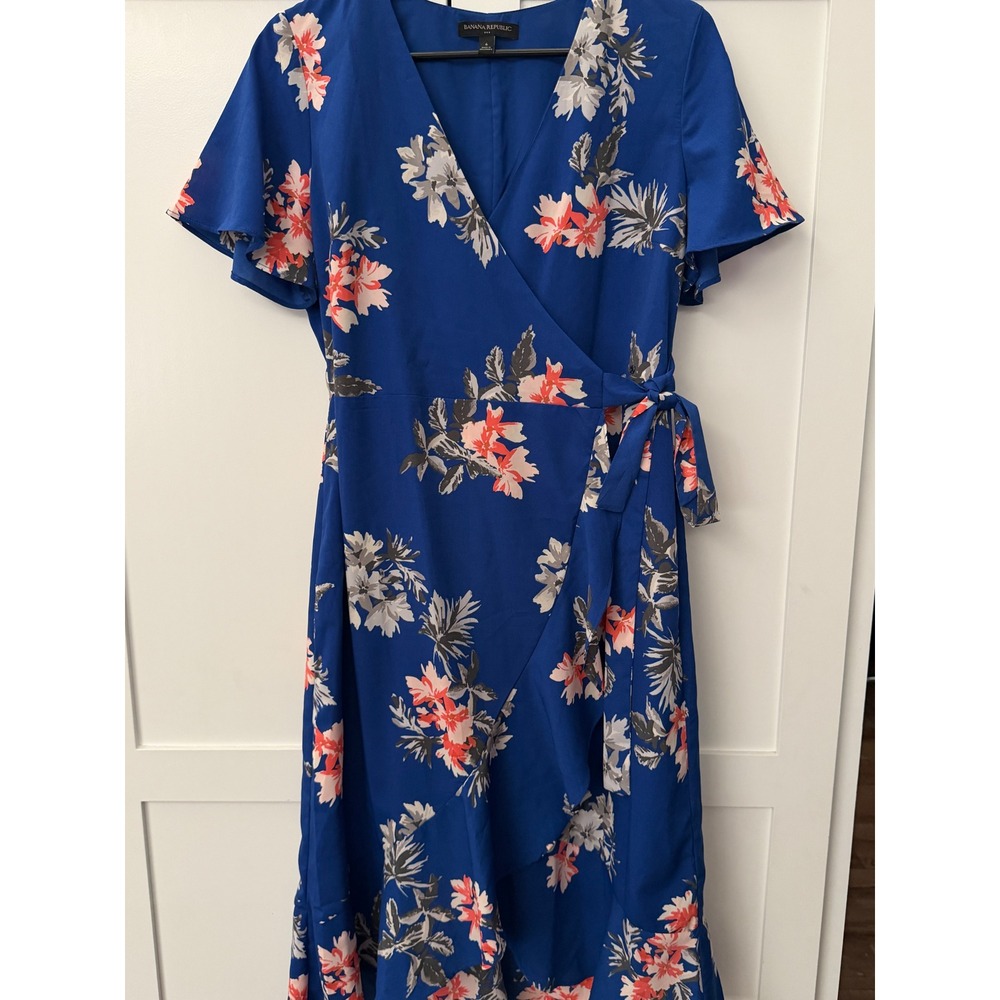 Banana Republic Floral Wrap Midi Dress Blue Coral Ruffle Hem Flutter Sleeve 6